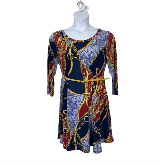 Dress 3/4 sleeve knee length Blue Yellow chain ribbon multi pattern relax fit XL - Picture 2 of 7